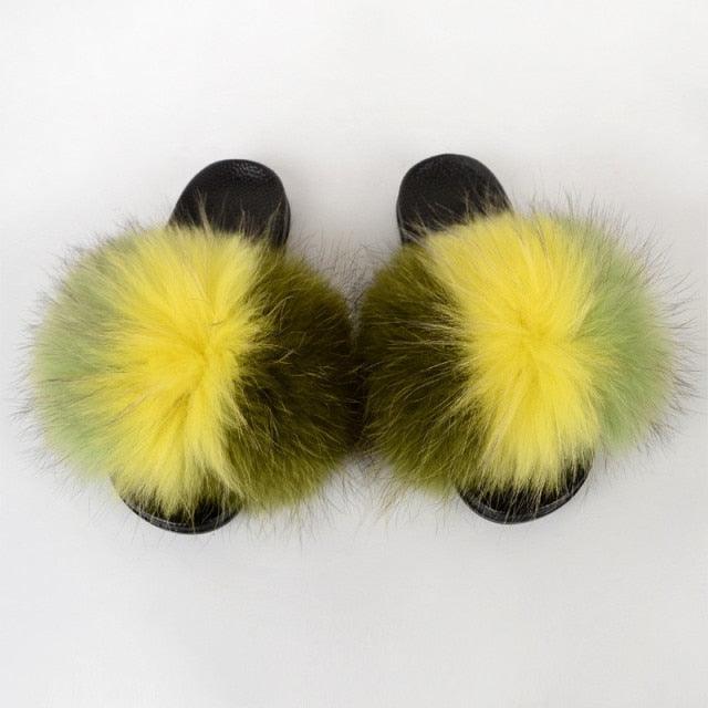Multicolor Faux Fur Slides with Plush Fluffy Raccoon Texture