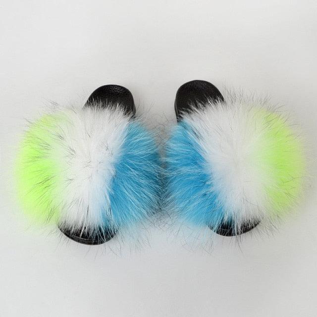 Multicolor Faux Fur Slides with Plush Fluffy Raccoon Texture