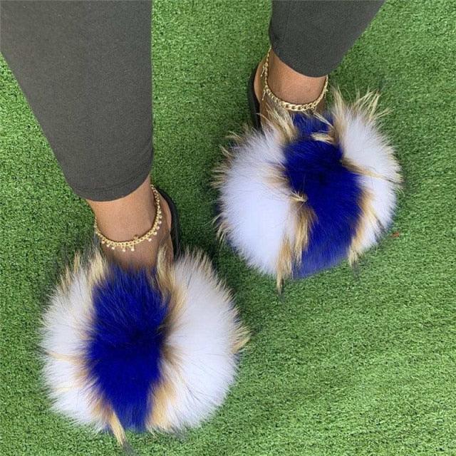 Multicolor Faux Fur Slides with Plush Fluffy Raccoon Texture