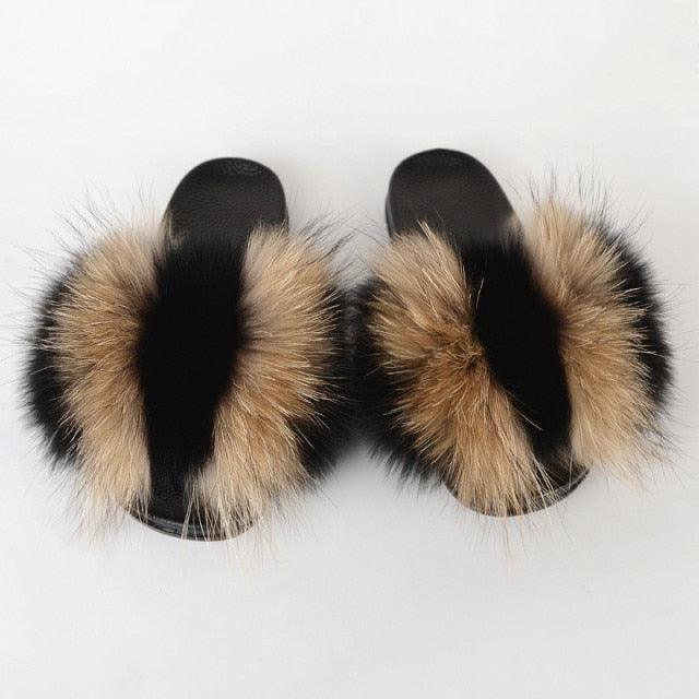 Multicolor Faux Fur Slides with Plush Fluffy Raccoon Texture