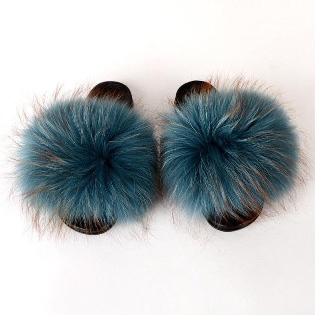 Multicolor Faux Fur Slides with Plush Fluffy Raccoon Texture
