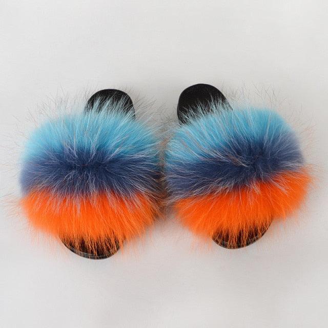 Multicolor Faux Fur Slides with Plush Fluffy Raccoon Texture