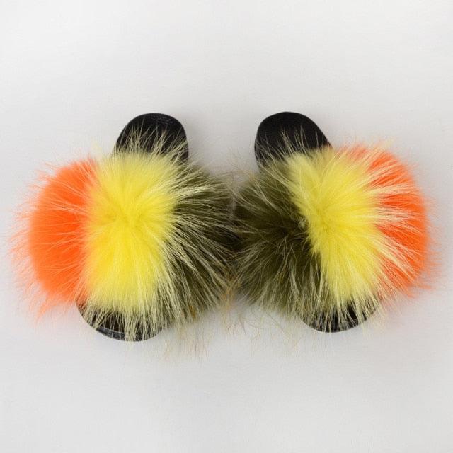 Multicolor Faux Fur Slides with Plush Fluffy Raccoon Texture