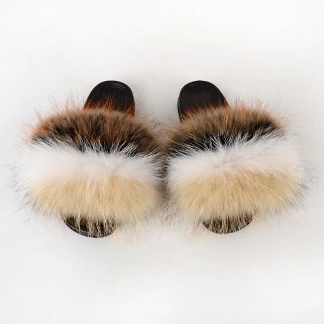 Multicolor Faux Fur Slides with Plush Fluffy Raccoon Texture