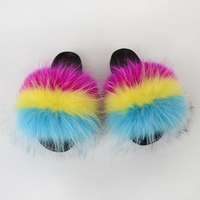 Multicolor Faux Fur Slides with Plush Fluffy Raccoon Texture