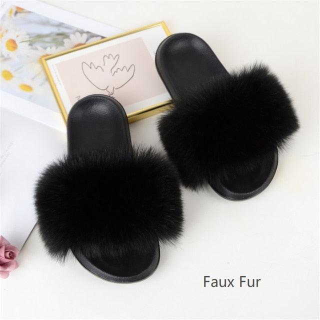 Multicolor Faux Fur Slides with Plush Fluffy Raccoon Texture
