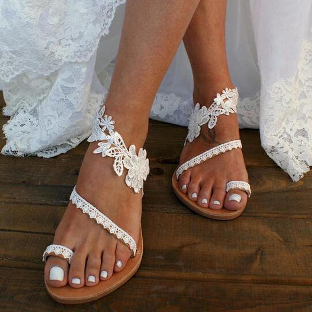 White Lace Floral Flat Clip Toe Casual Beach Dress Sandals