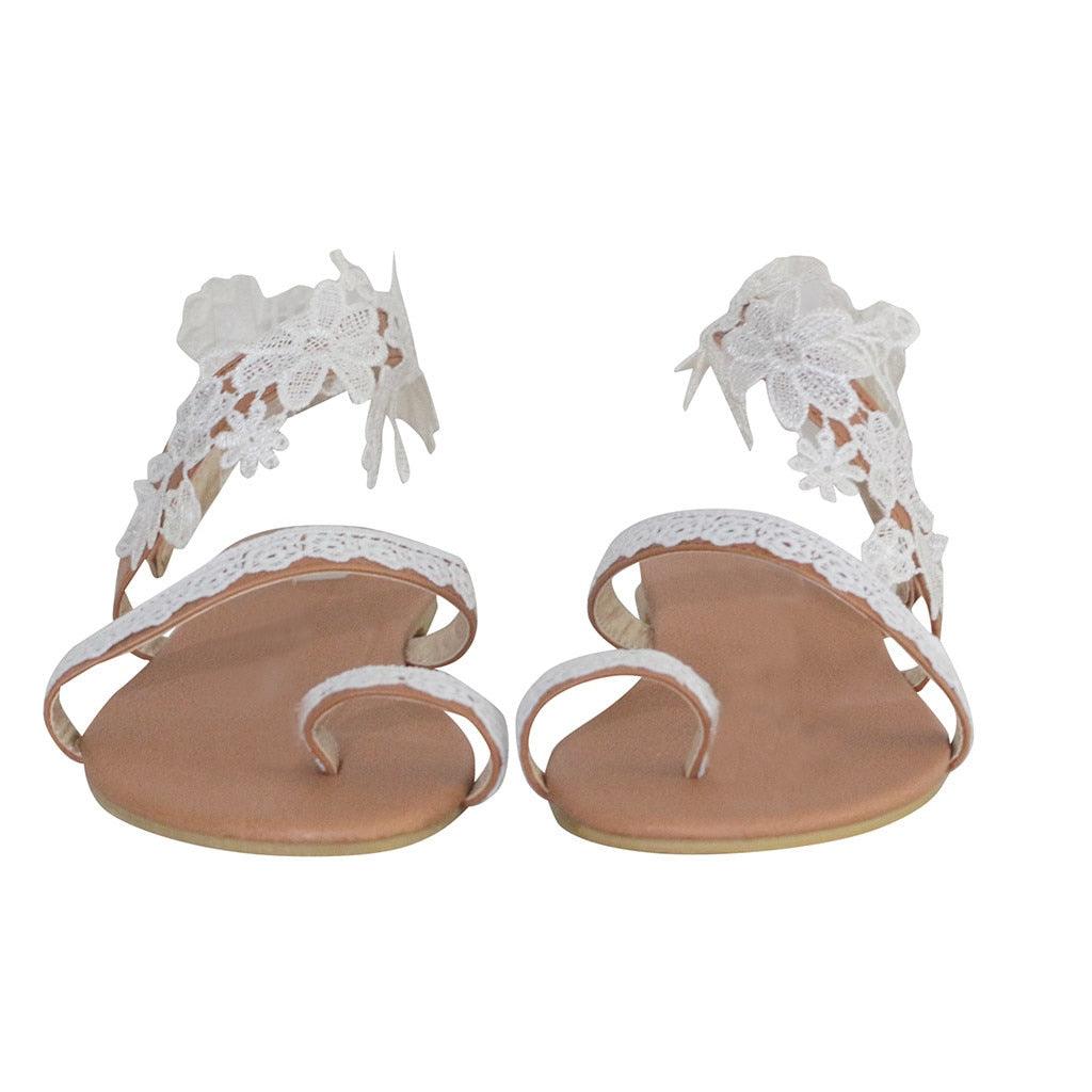 White Lace Floral Flat Clip Toe Casual Beach Dress Sandals