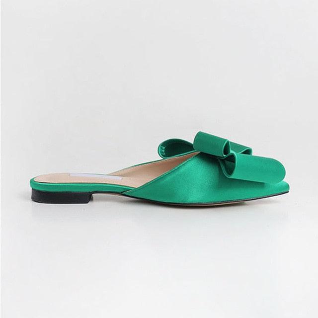 Women's Satin Pointed Toe Bow Tie Flat Slides Party Sandals