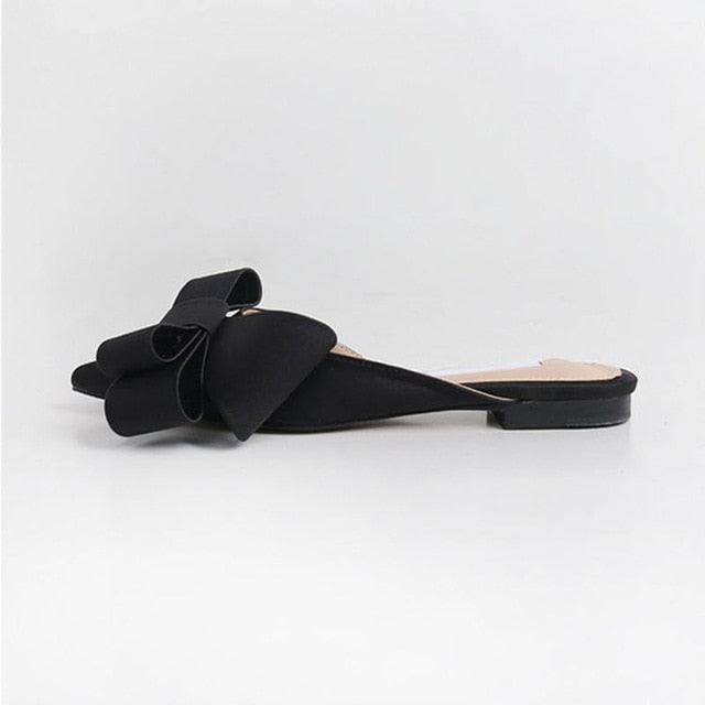 Women's Satin Pointed Toe Bow Tie Flat Slides Party Sandals