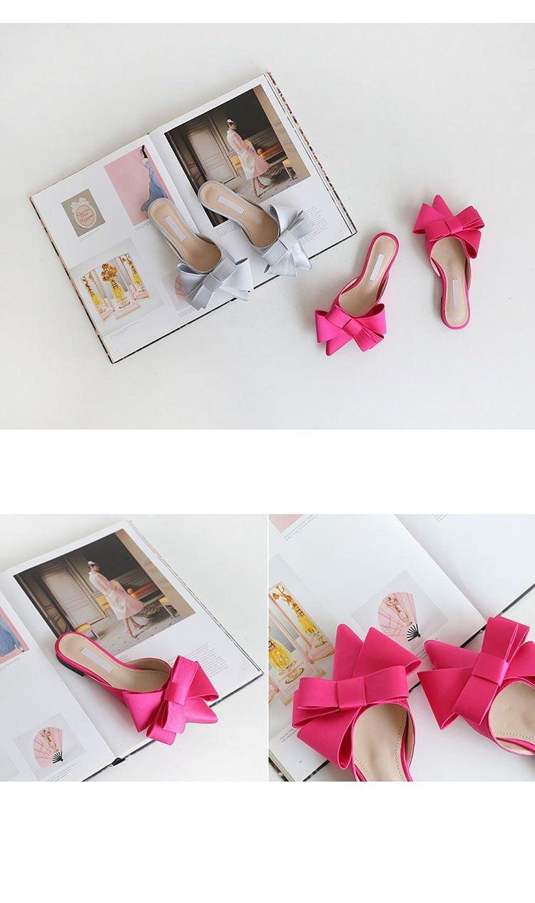 Women's Satin Pointed Toe Bow Tie Flat Slides Party Sandals