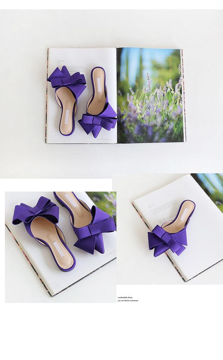 Women's Satin Pointed Toe Bow Tie Flat Slides Party Sandals
