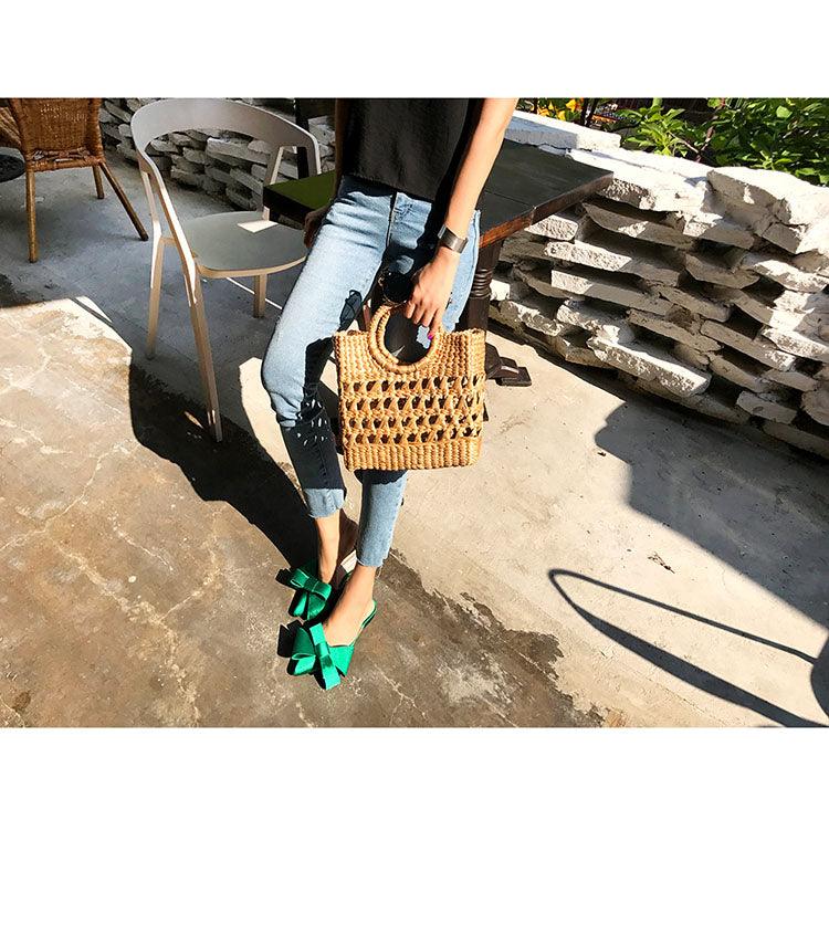 Women's Satin Pointed Toe Bow Tie Flat Slides Party Sandals