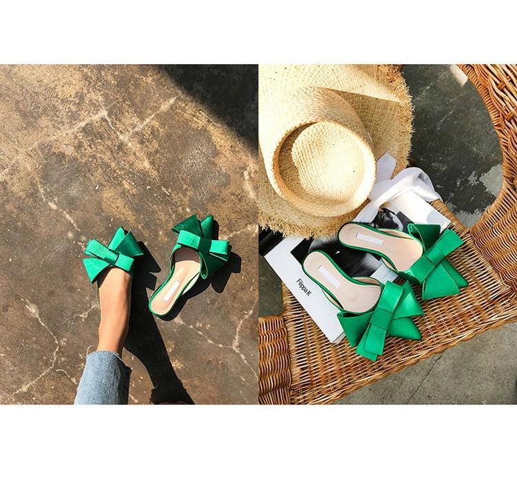 Women's Satin Pointed Toe Bow Tie Flat Slides Party Sandals