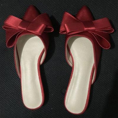 Women's Satin Pointed Toe Bow Tie Flat Slides Party Sandals