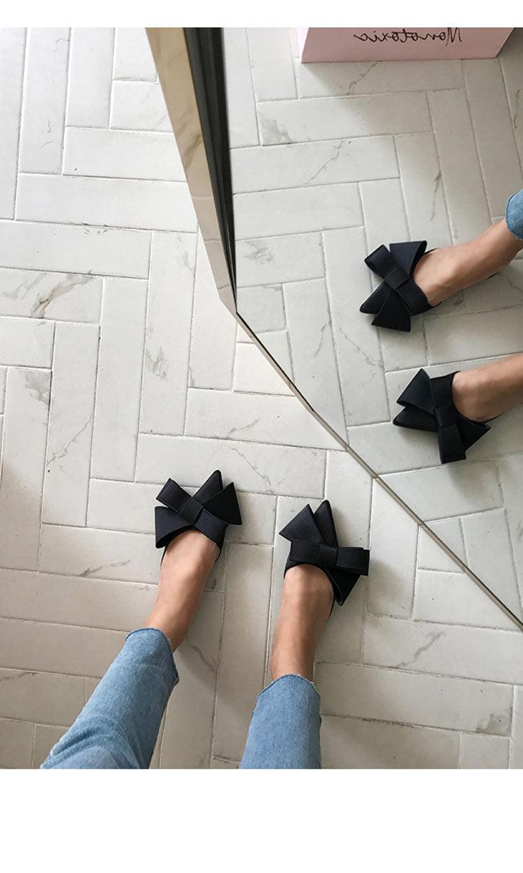 Women's Satin Pointed Toe Bow Tie Flat Slides Party Sandals