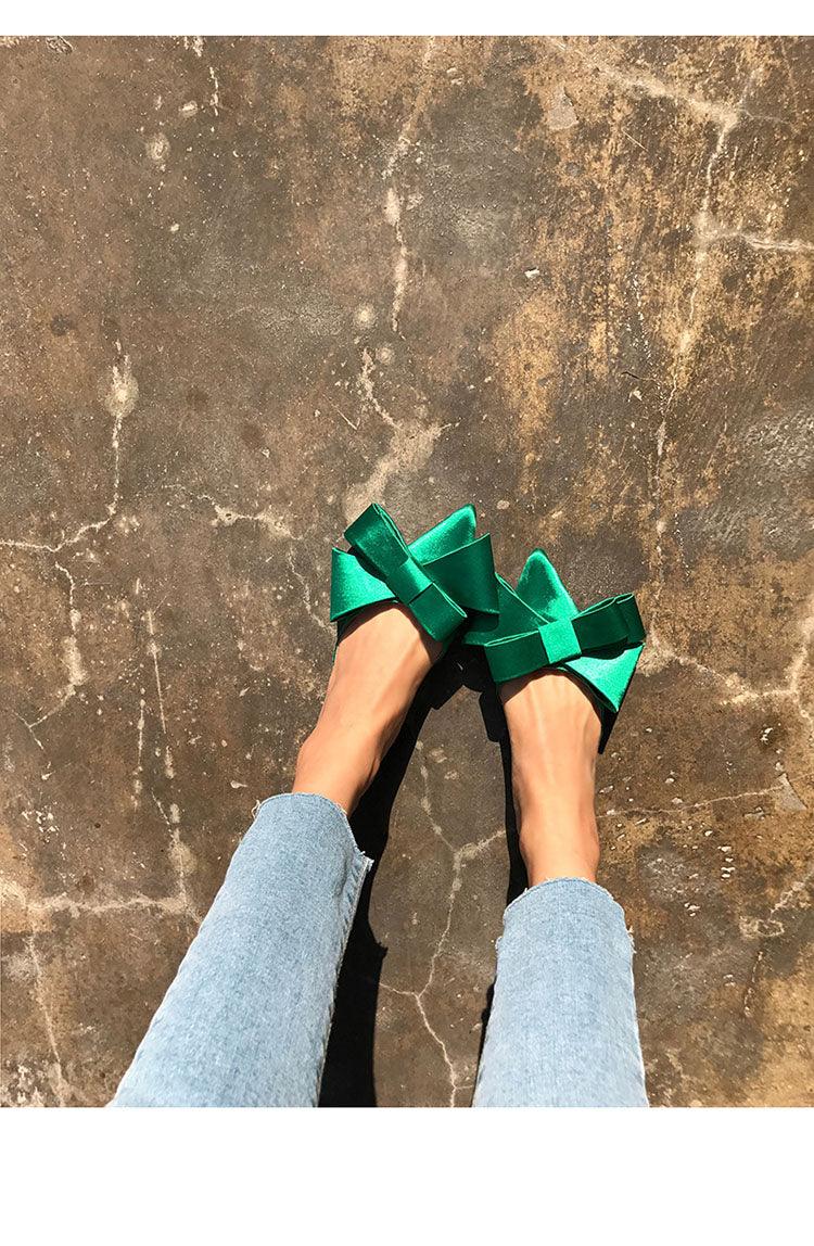 Women's Satin Pointed Toe Bow Tie Flat Slides Party Sandals
