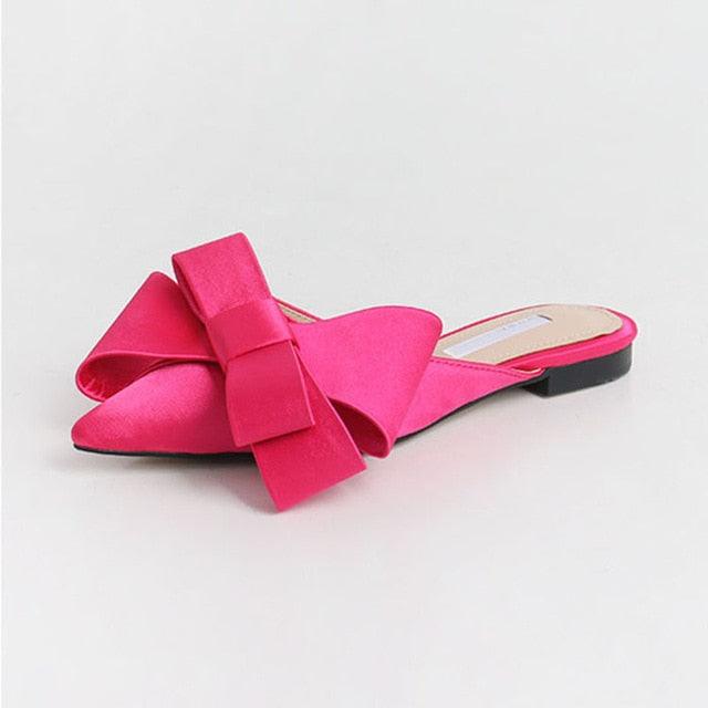 Women's Satin Pointed Toe Bow Tie Flat Slides Party Sandals