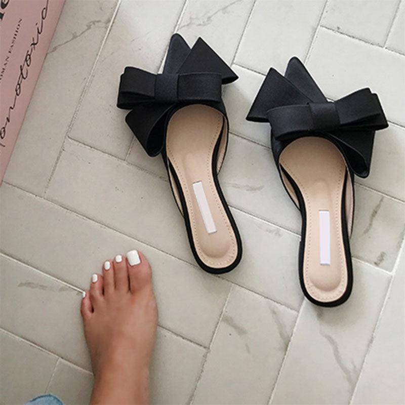 Women's Satin Pointed Toe Bow Tie Flat Slides Party Sandals