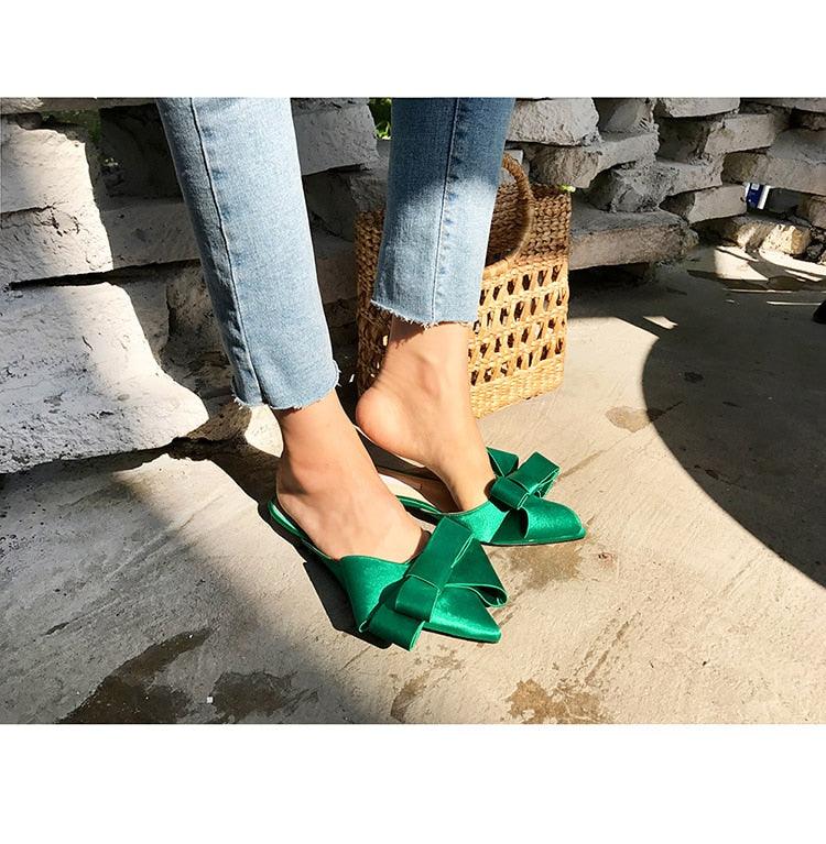 Women's Satin Pointed Toe Bow Tie Flat Slides Party Sandals