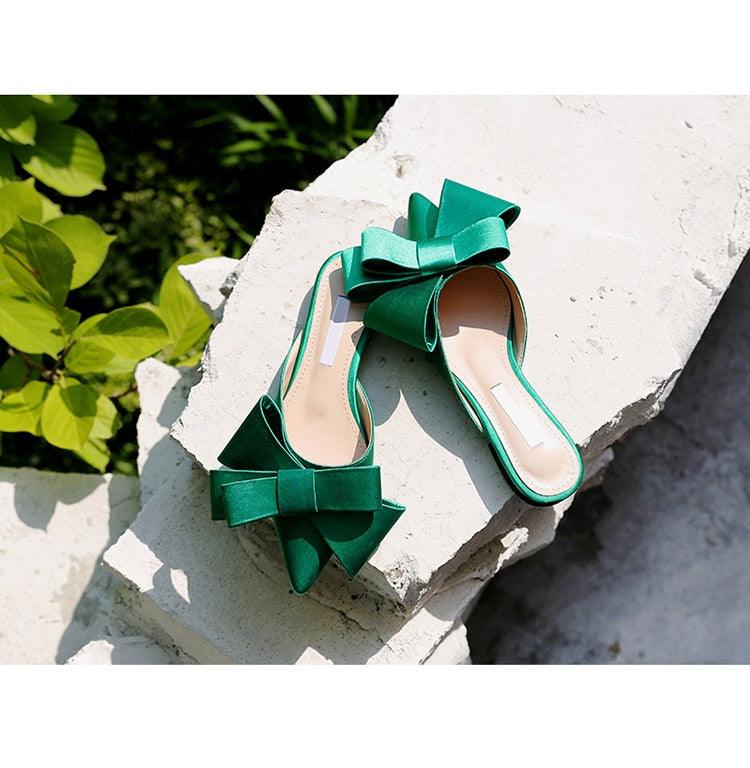 Women's Satin Pointed Toe Bow Tie Flat Slides Party Sandals