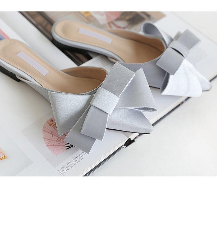 Women's Satin Pointed Toe Bow Tie Flat Slides Party Sandals