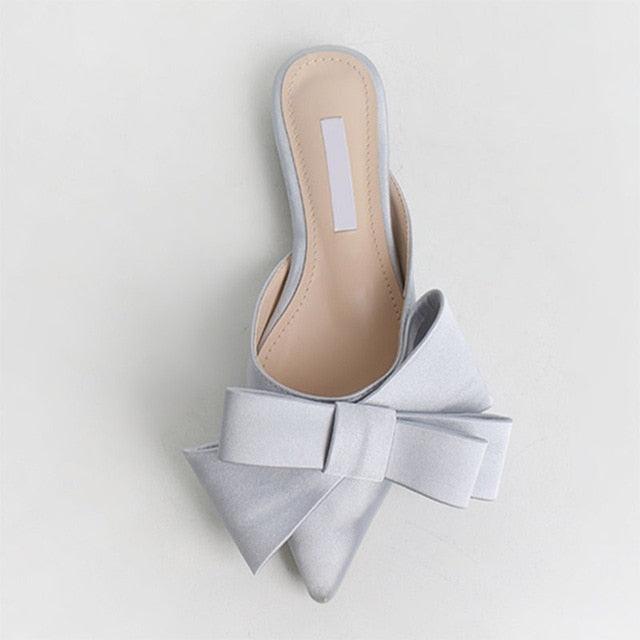 Women's Satin Pointed Toe Bow Tie Flat Slides Party Sandals