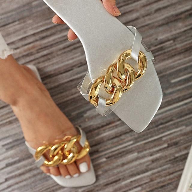 Women's Square Toe Metal Chain Slides - Chic Summer Flat Sandals