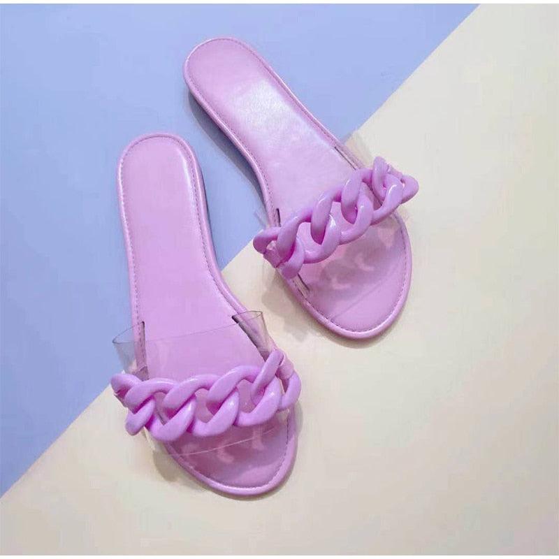 Women's Square Toe Metal Chain Slides - Chic Summer Flat Sandals