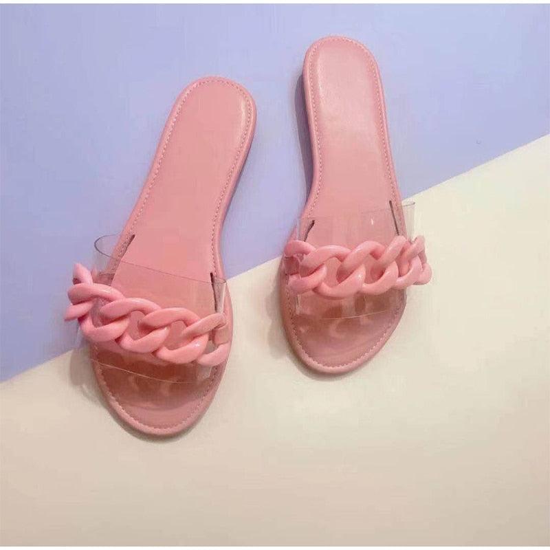 Women's Square Toe Metal Chain Slides - Chic Summer Flat Sandals