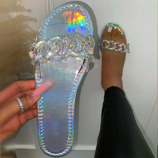 Women's Square Toe Metal Chain Slides - Chic Summer Flat Sandals