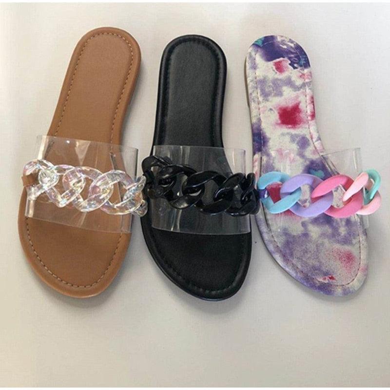 Women's Square Toe Metal Chain Slides - Chic Summer Flat Sandals