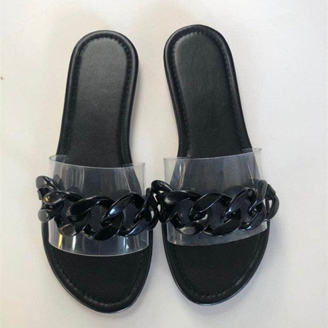Women's Square Toe Metal Chain Slides - Chic Summer Flat Sandals