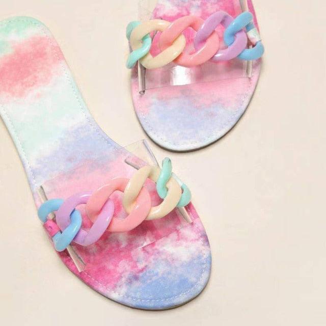 Women's Square Toe Metal Chain Slides - Chic Summer Flat Sandals