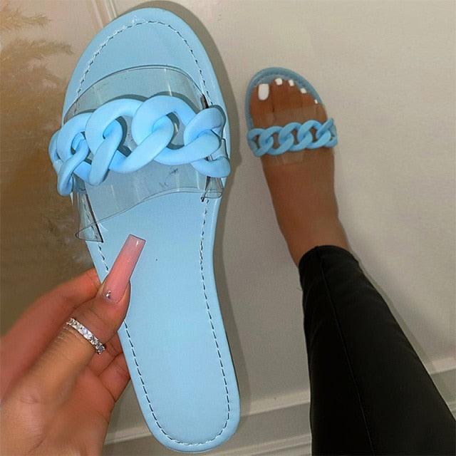 Women's Square Toe Metal Chain Slides - Chic Summer Flat Sandals