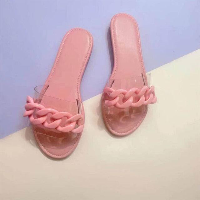 Women's Square Toe Metal Chain Slides - Chic Summer Flat Sandals