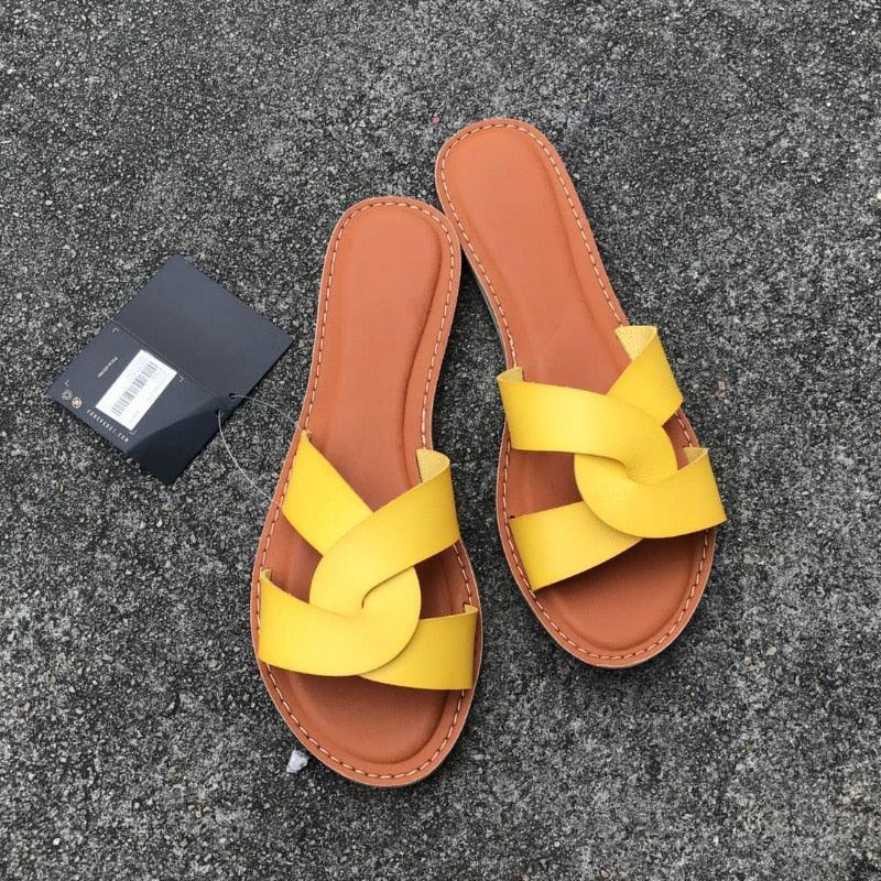 Women’s Minimalist Leather Flat Slides - Comfortable Casual Sandals