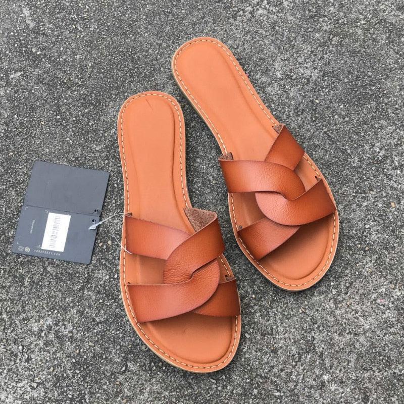 Women’s Minimalist Leather Flat Slides - Comfortable Casual Sandals