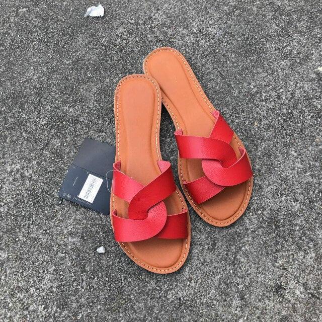 Women’s Minimalist Leather Flat Slides - Comfortable Casual Sandals