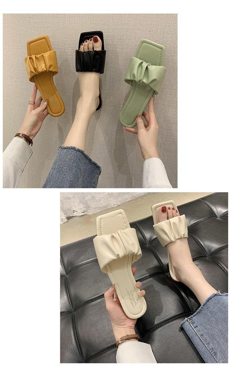 Women’s Pleated Square Toe Flat Sandals Minimalist Slide Slides