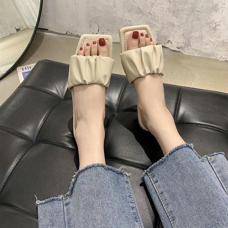 Women’s Pleated Square Toe Flat Sandals Minimalist Slide Slides