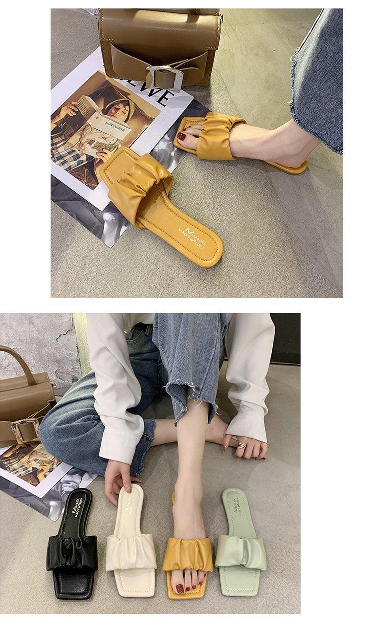 Women’s Pleated Square Toe Flat Sandals Minimalist Slide Slides