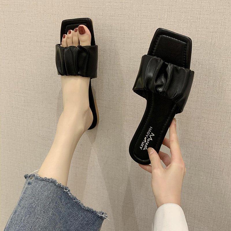 Women’s Pleated Square Toe Flat Sandals Minimalist Slide Slides