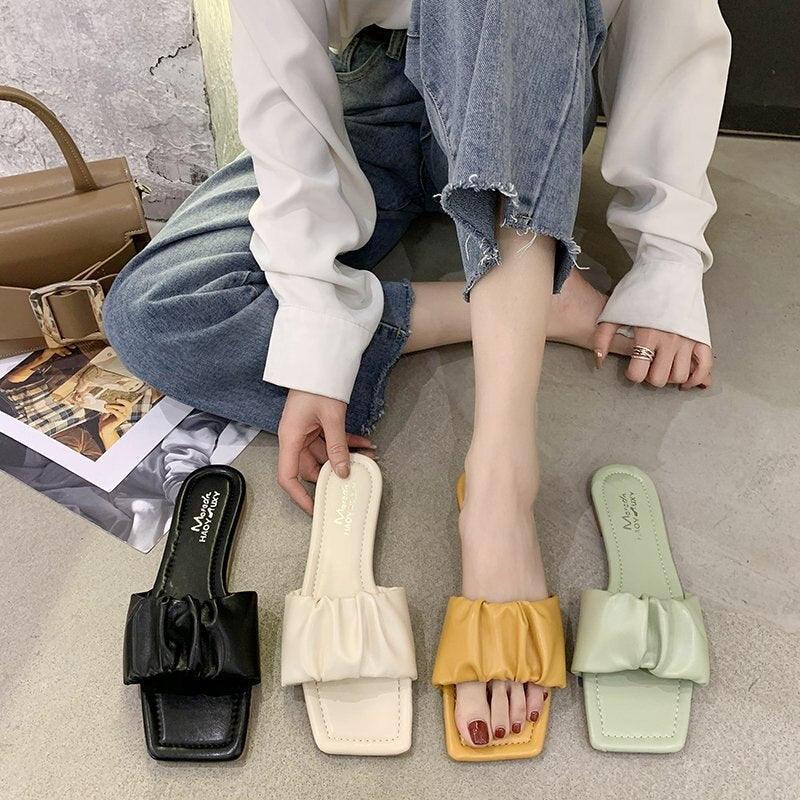 Women’s Pleated Square Toe Flat Sandals Minimalist Slide Slides
