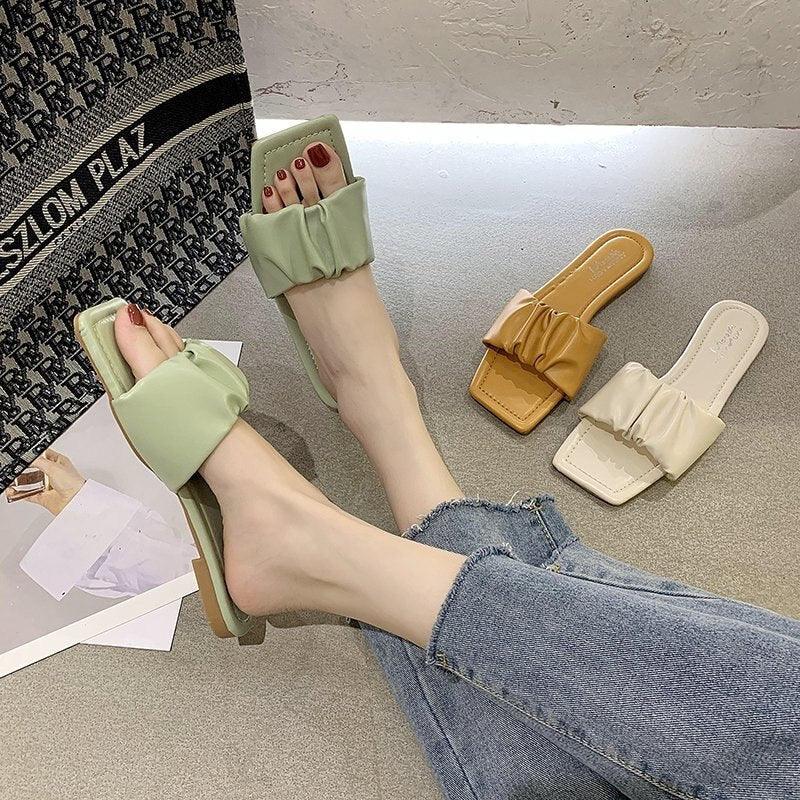 Women’s Pleated Square Toe Flat Sandals Minimalist Slide Slides