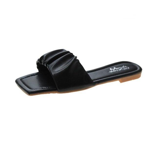 Women’s Pleated Square Toe Flat Sandals Minimalist Slide Slides
