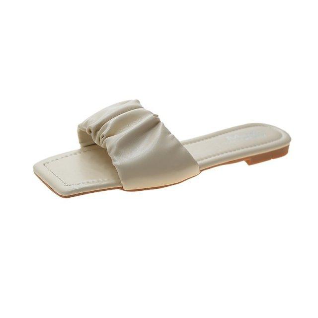 Women’s Pleated Square Toe Flat Sandals Minimalist Slide Slides