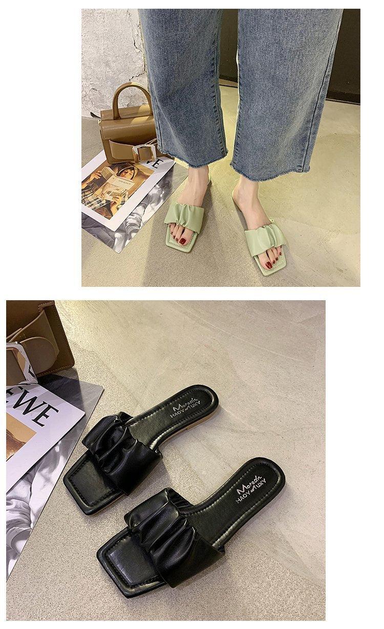 Women’s Pleated Square Toe Flat Sandals Minimalist Slide Slides
