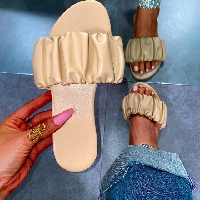 Women’s Pleated Square Toe Flat Sandals Minimalist Slide Slides