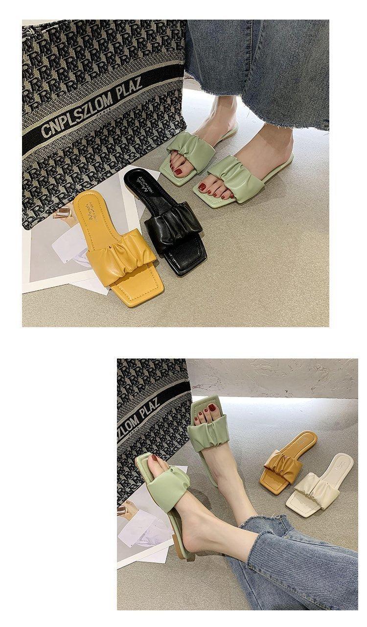 Women’s Pleated Square Toe Flat Sandals Minimalist Slide Slides